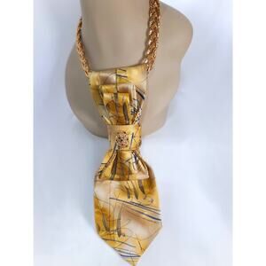 Upcycled Silk Tie Necklace J Garcia Elegant Statement Boutique Gold Blue Pendant